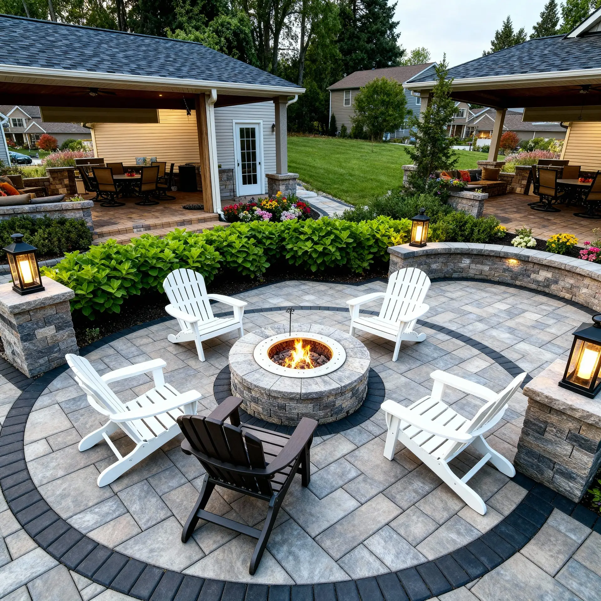 Precision interlocking paver systems with edge restraint stabilization and polymeric sand joints to inhibit weed growth and maintain structural alignment under thermal expansion.